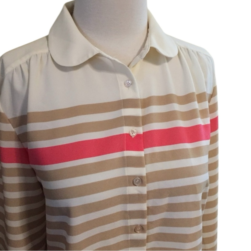 TALBOTS Button Up Stripped Blouse w/ Peter Pan Collar in Tan/Ivory/Pink Size 4 - Picture 8 of 10